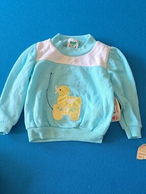 VTG Light Blue Kids Pullover Sweatshirt with Yellow Duck Applique